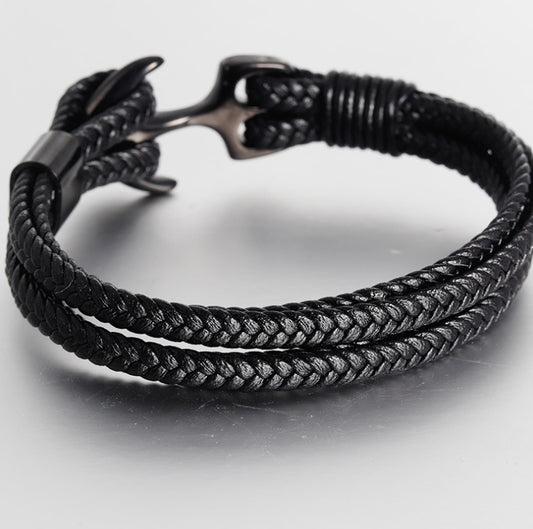 Herren-Lederarmband Anchor Black - Perla d'Oro