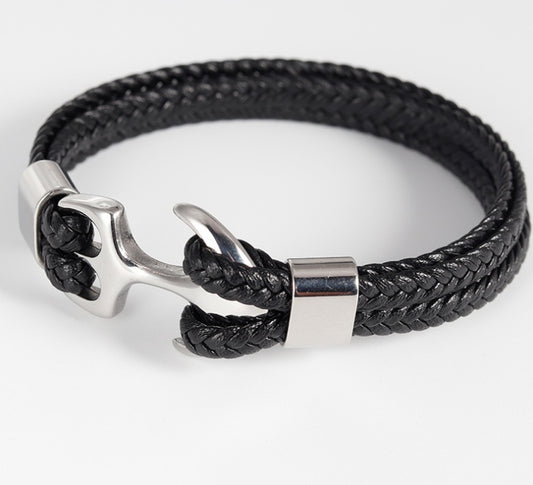 Herren-Lederarmband Anchor Silver - Perla d'Oro