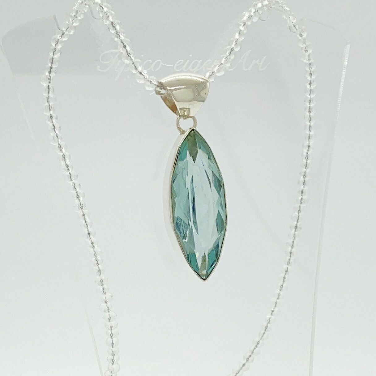 Silberanhänger Obsidian meerblau, 1,5 × 4 cm, 925 Sterling Silber, Marquise-Schliff, zarte Kette