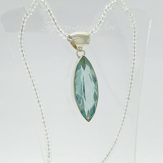 Silberanhänger Obsidian meerblau, 1,5 × 4 cm, 925 Sterling Silber, Marquise-Schliff, zarte Kette