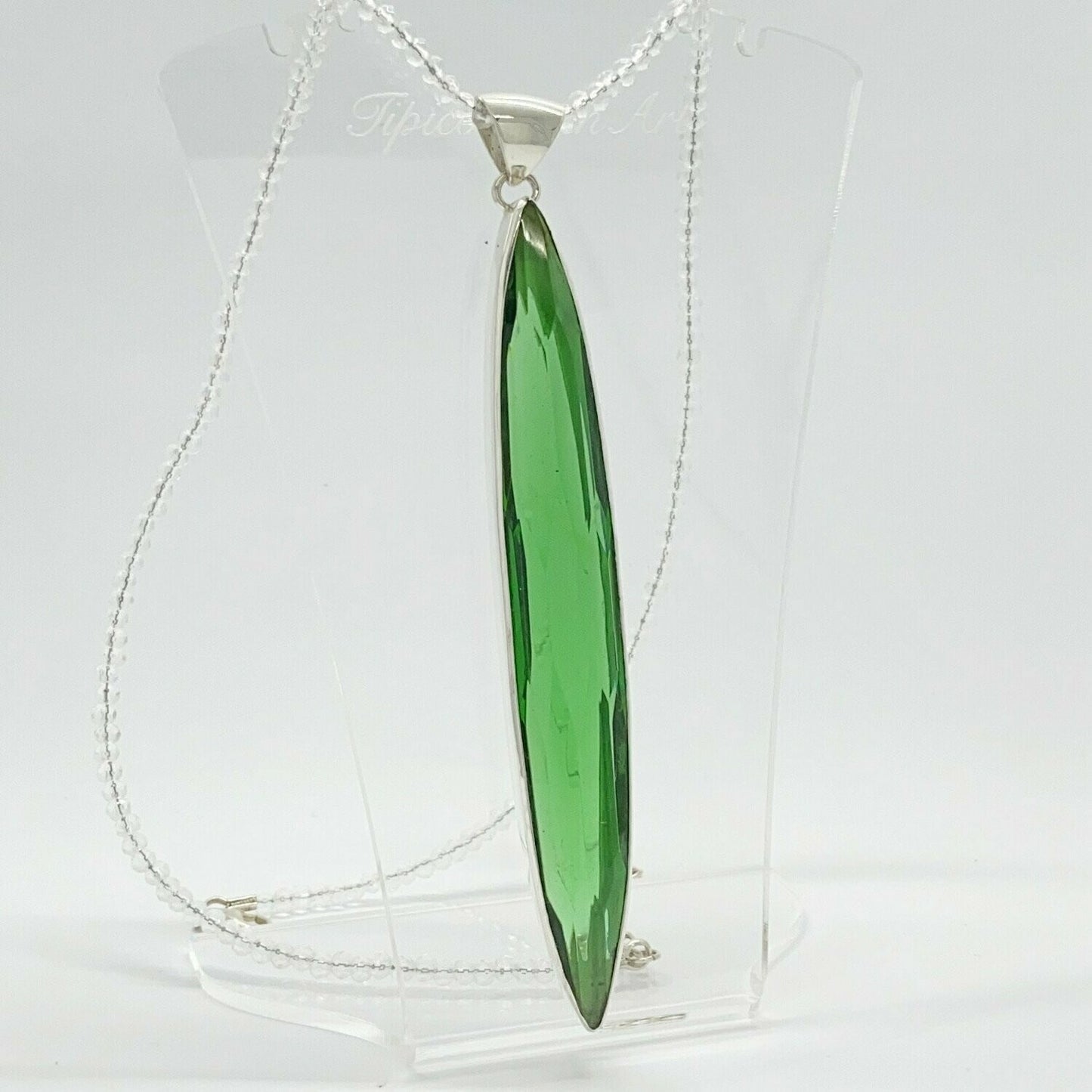 Silberanhänger Obsidian smaragdgrün, 2,5 × 12 cm, an feiner Silberkette