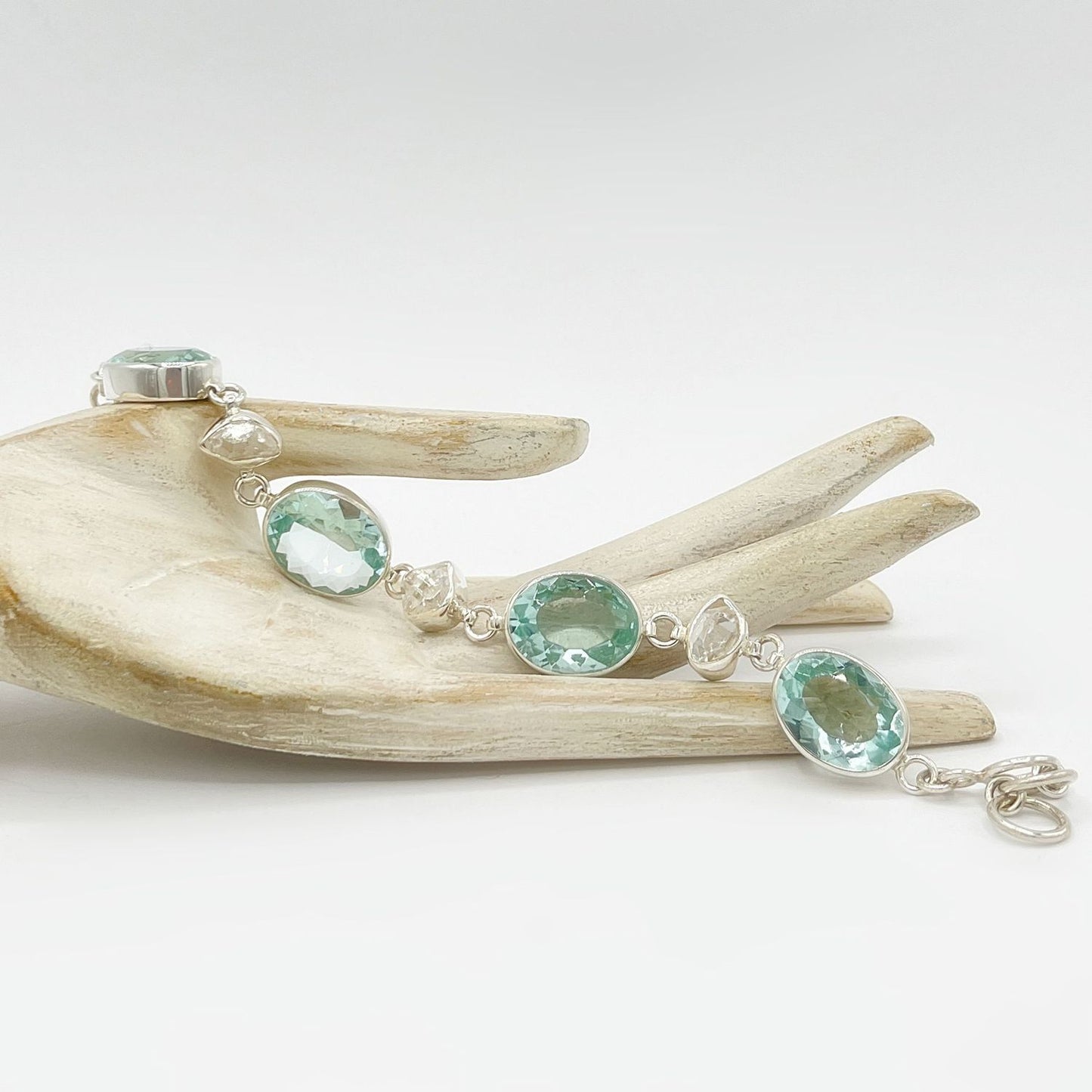 Armband Obsidian Oval Meerblau mit Herkimer Diamanten aus 925er Sterlingsilber, handgefertigt.