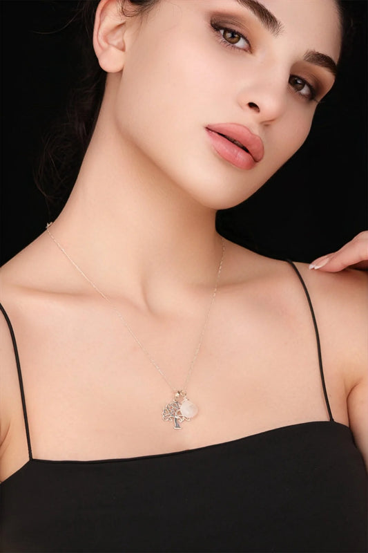 Silberkette mit Lebensbaum von MadamLili, 925 Sterling Silber mit Mondstein-Anhänger, 60 cm, handgefertigt in Deutschland