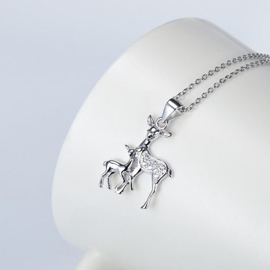 Reh Mama und Kind 925 Silber Anhänger mit Halskette - Perla d'Oro
