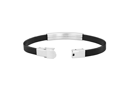 Unisex Lederarmband mit Edelstahl-Gravurplatte Schwarz - Perla d'Oro