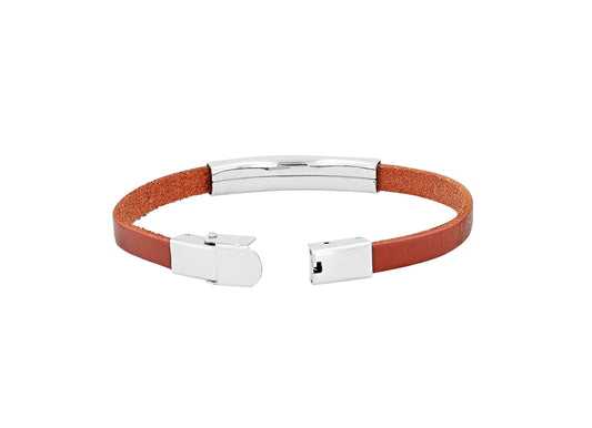 Unisex Lederarmband mit Edelstahl-Gravurplatte Hellbraun - Perla d'Oro