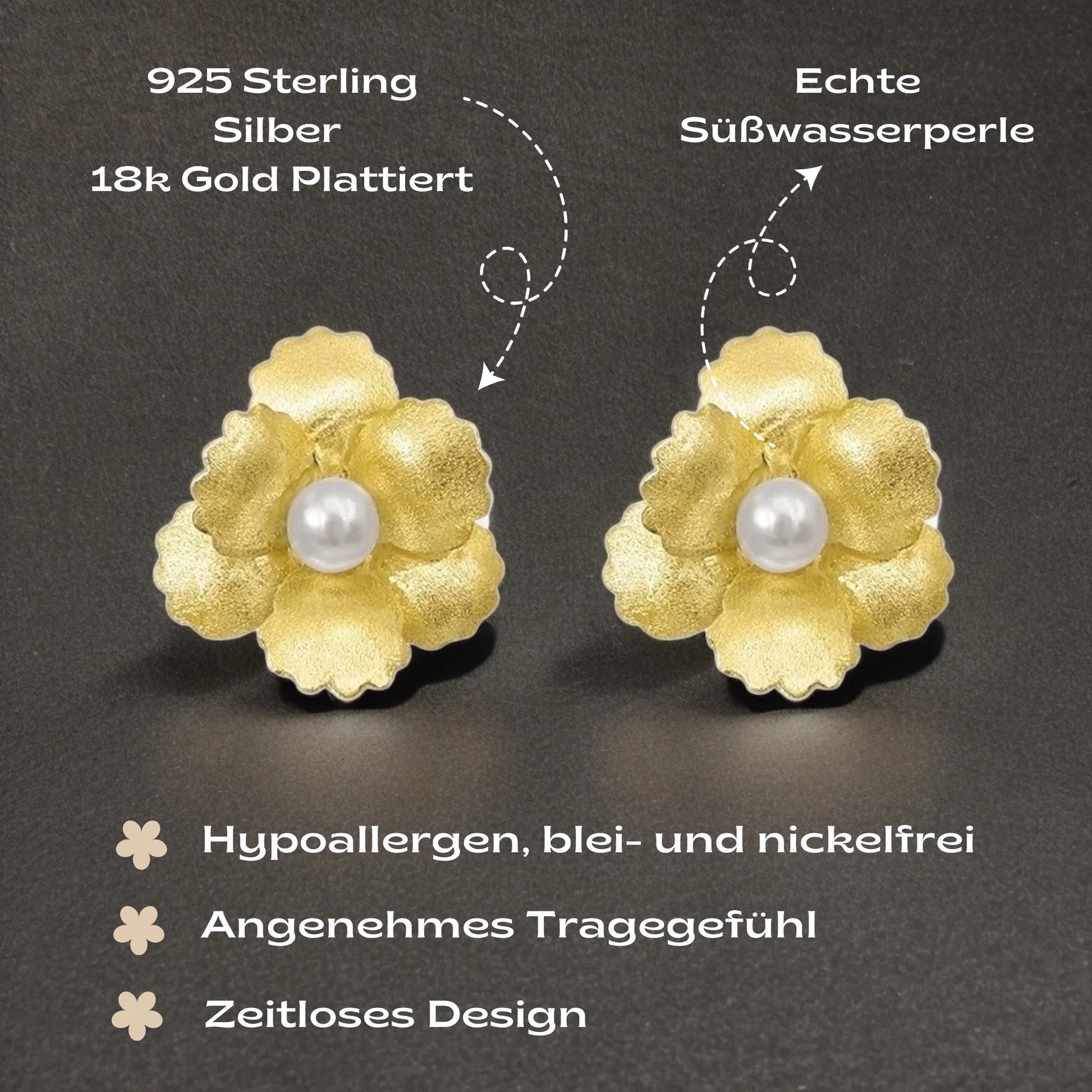 Paar Blumen-Ohrstecker aus 925 Sterling Silber, 18K vergoldet, mit echter Süßwasserperle