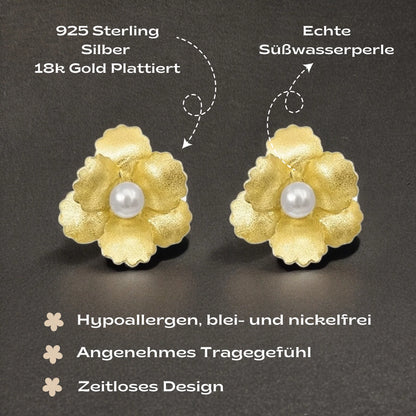 Paar Blumen-Ohrstecker aus 925 Sterling Silber, 18K vergoldet, mit echter Süßwasserperle