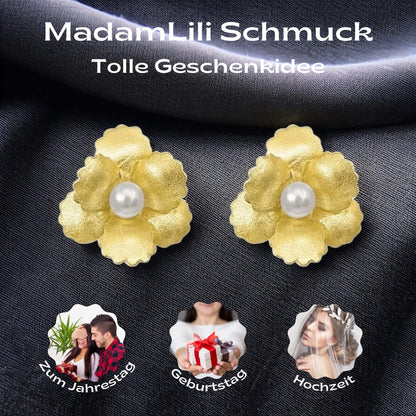 925 Silber Blumen-Ohrstecker mit Süßwasserperlen, 18K vergoldet – handgefertigt in Deutschland, elegante Naturblüten