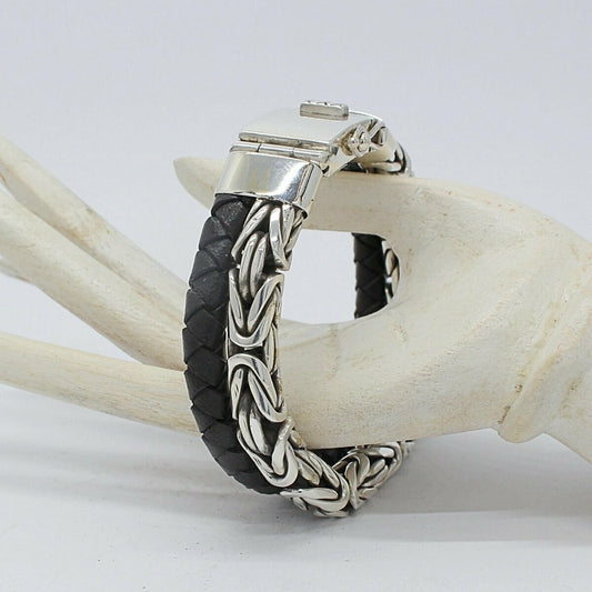 Armband 925 Silber und Leder Dualis – massives Silberarmband mit geflochtenem Leder