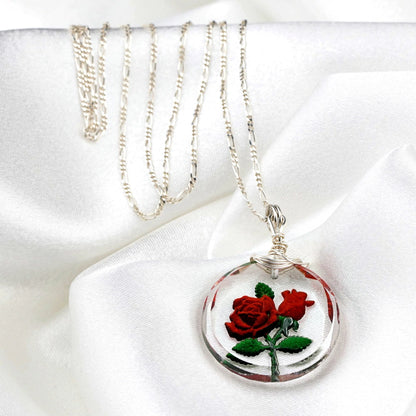 Rose Glas Anhänger mit Kette 925 Silber – MadamLili Silberkette mit roter Rose im Glas