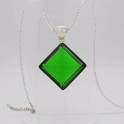 Silver pendant with emerald-green obsidian square, 3.5 × 3.5 cm, on a delicate chain