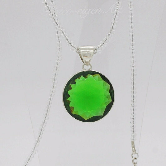 Silver pendant with emerald-green obsidian, round 3 cm, handmade in Germany on a chain