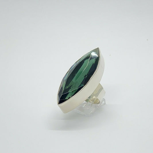 Silberring Obsidian Navette lichtschwarz, 1,5 x 4 cm, handgefertigt in Deutschland.