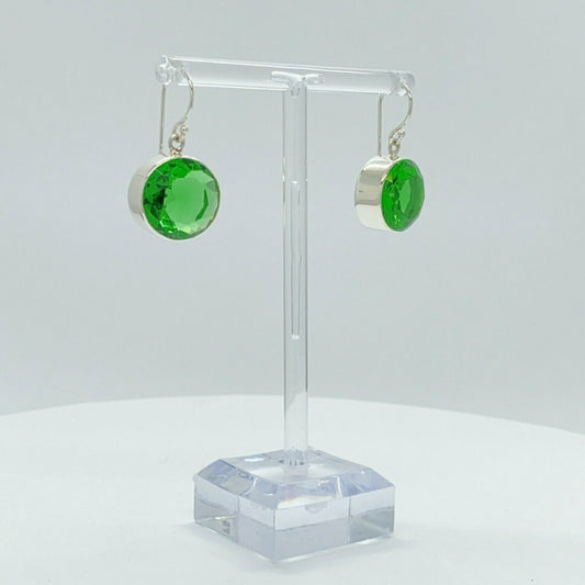 Emerald-green obsidian round earrings, 1.5 cm, silver bezel.
