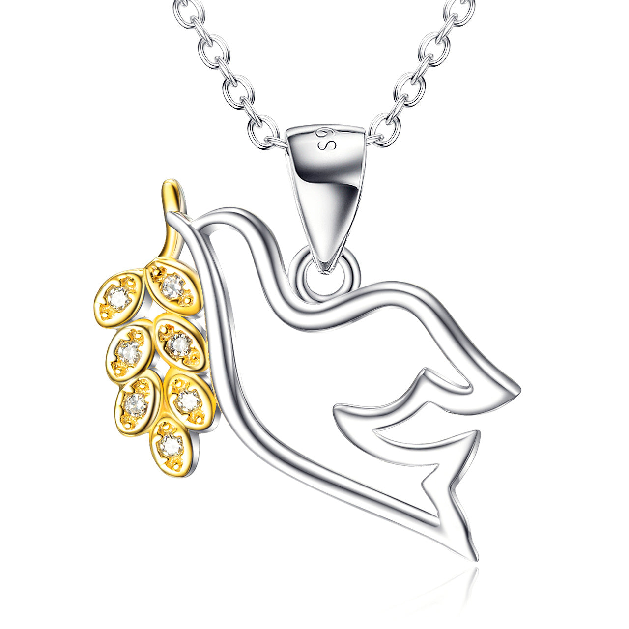 Friedenstaube Anhänger mit Kette aus 925 Silber, elegantes Design mit Zirkonia, ideal für Damenmode. Perla d'Oro