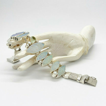 Armband Milky Way aus Silber mit Achatdruse, Obsidian & Zuchtperlen, handgefertigte Schmuckkunst