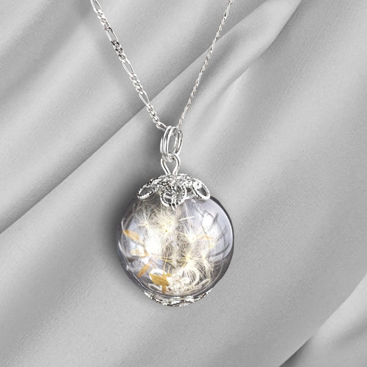 Silberkette mit Pusteblumen Glaskugel Anhänger – MadamLili, mundgeblasene Glaskugel mit Pusteblumen