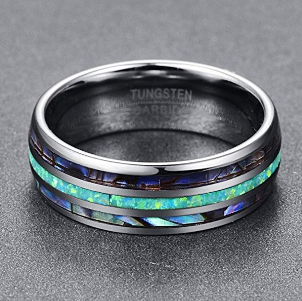 Unisex-Ring aus Wolfram mit Opal und Abalone Muschel