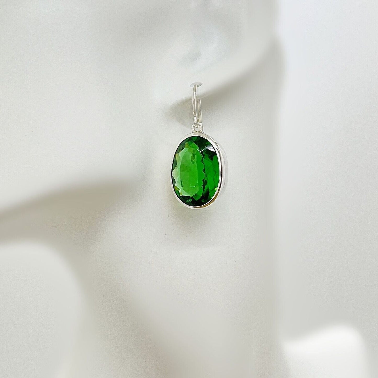 Emerald-green Obsidian Oval earrings, 1.5×2 cm, set in 925 silver, handmade in Germany.