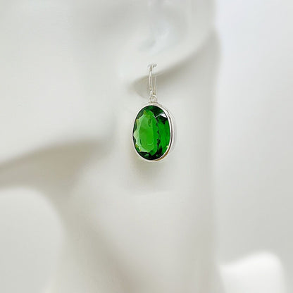 Emerald-green Obsidian Oval earrings, 1.5×2 cm, set in 925 silver, handmade in Germany.
