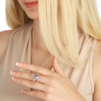 Silberkette mit Wildblumen Anhänger von MadamLili – Vergissmeinnicht & Jasmin im Glas, 60 cm