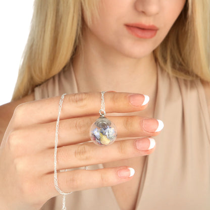 Silberkette mit Wildblumen Anhänger – MadamLili, Glasanhänger mit Vergissmeinnicht & Jasmin, 60 cm