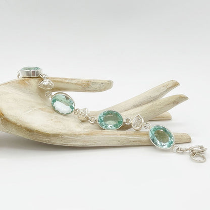 Armband Obsidian Oval Meerblau mit Herkimer Diamanten aus 925er Sterlingsilber, handgefertigt.