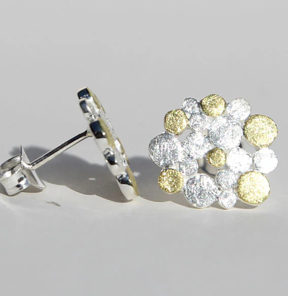Ohrstecker Constella 15 mm aus 925 Sterlingsilber mit 18ct Gelbvergoldung, blütenförmige Cluster aus Silber und Gold