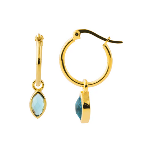 Goldplattierte 925er Silber Creolen mit blauem Topas-Tropfen