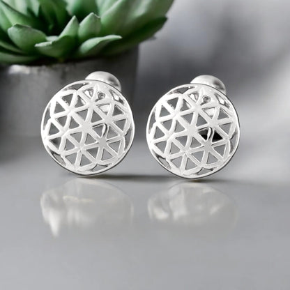 Blume des Lebens Ohrstecker aus 925 Sterling Silber, filigranes geometrisches Muster, handgefertigt.
