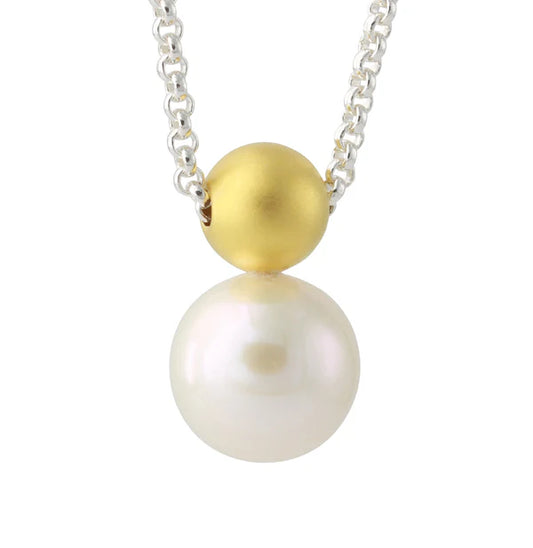 Silbercollier vergoldet mit Süßwasserperle – Ball-Design: Goldball über Perle, Campur Design, Länge ca. 45 cm
