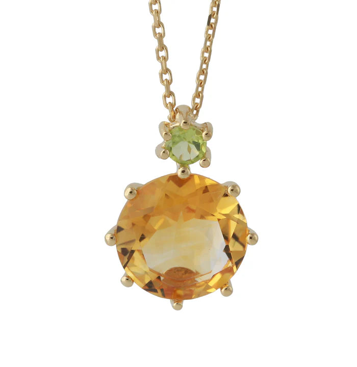 Schmuckset Citrin & Peridot: Anhänger mit gelbem Citrin und grünem Peridot auf 18k vergoldeter 925er Silberkette.