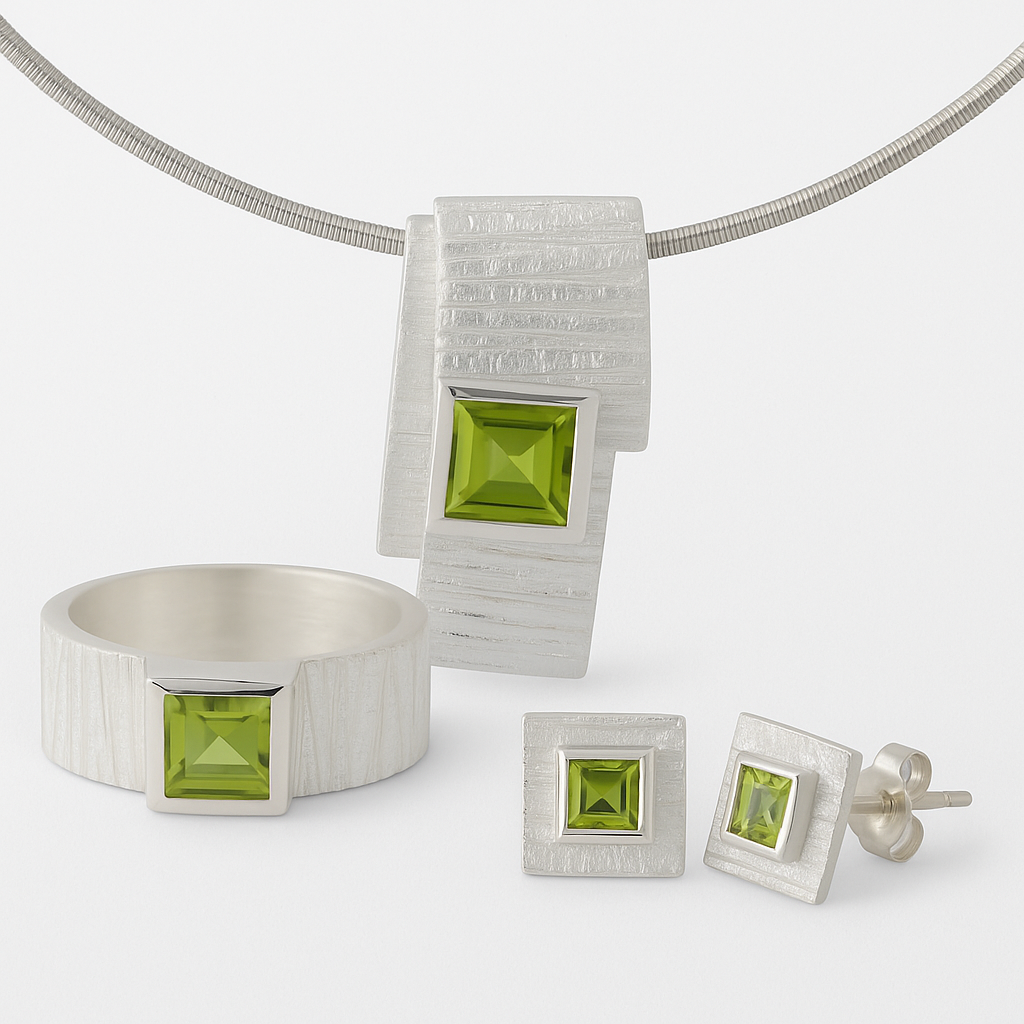 Schmuck Set Peridot Verde: modernes 925er Silber-Set mit grünem Peridot, architektonische Linien, handgefertigte Eleganz