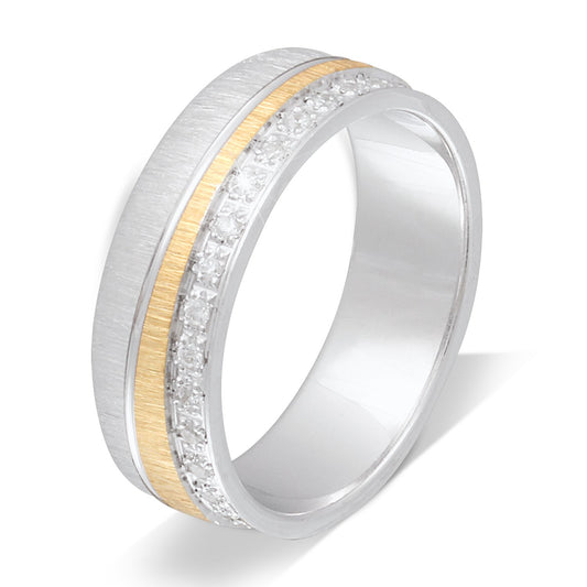 Damenring Calma aus 925 Sterling Silber mit goldfarbenem Streifen und Zirkonia‑Kanalfassung.