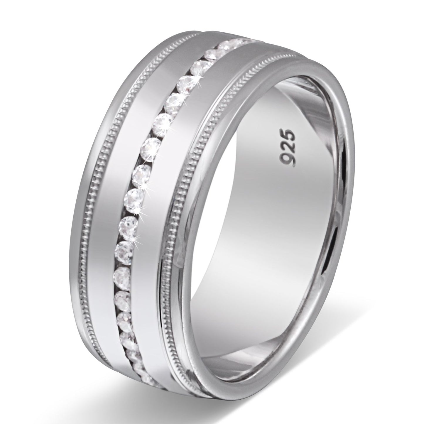 Damenring Luminia aus 925 Sterling Silber, flaches Band mit Steinreihe und Zierlinien