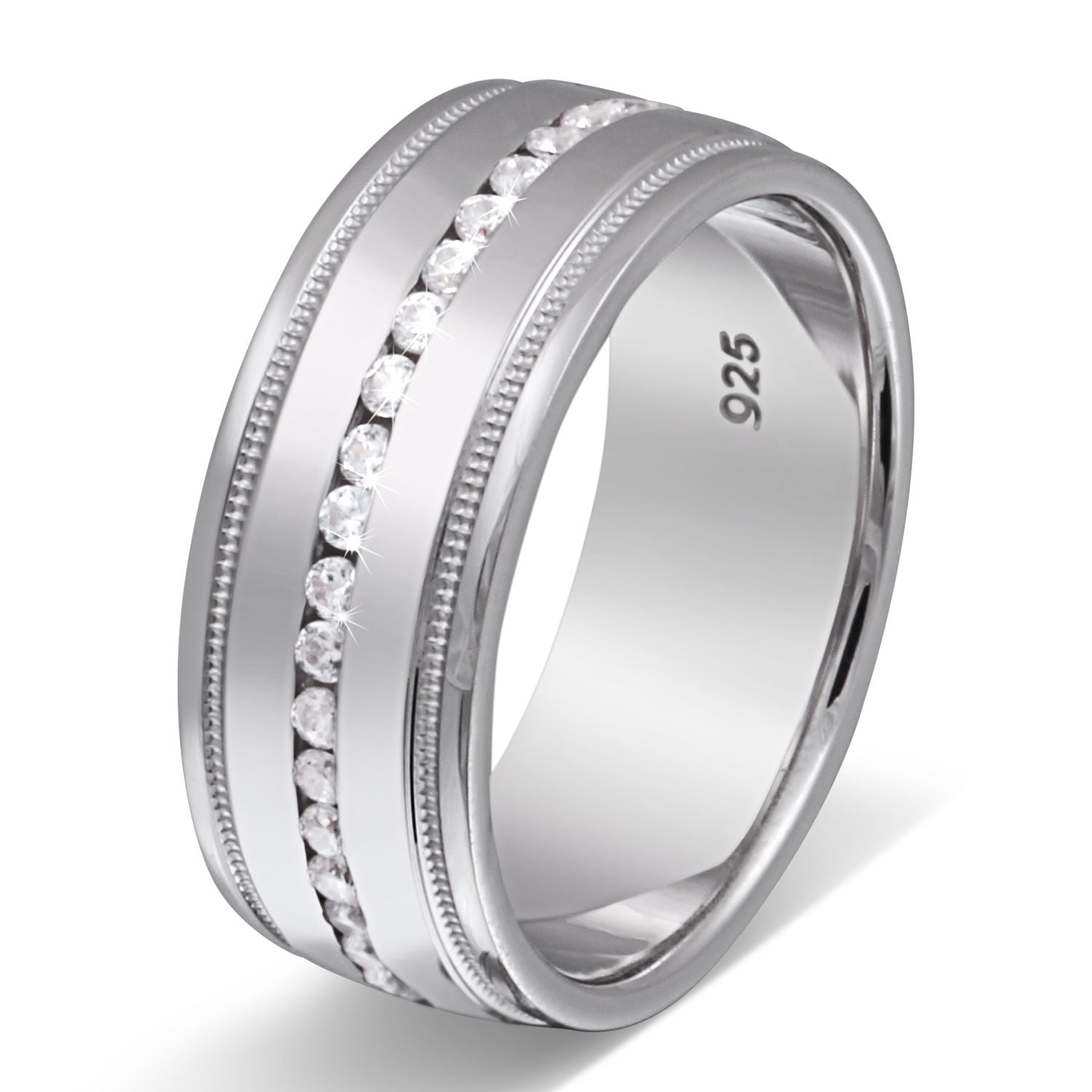 Damenring Luminia aus 925 Sterling Silber, flaches Band mit Steinreihe und Zierlinien