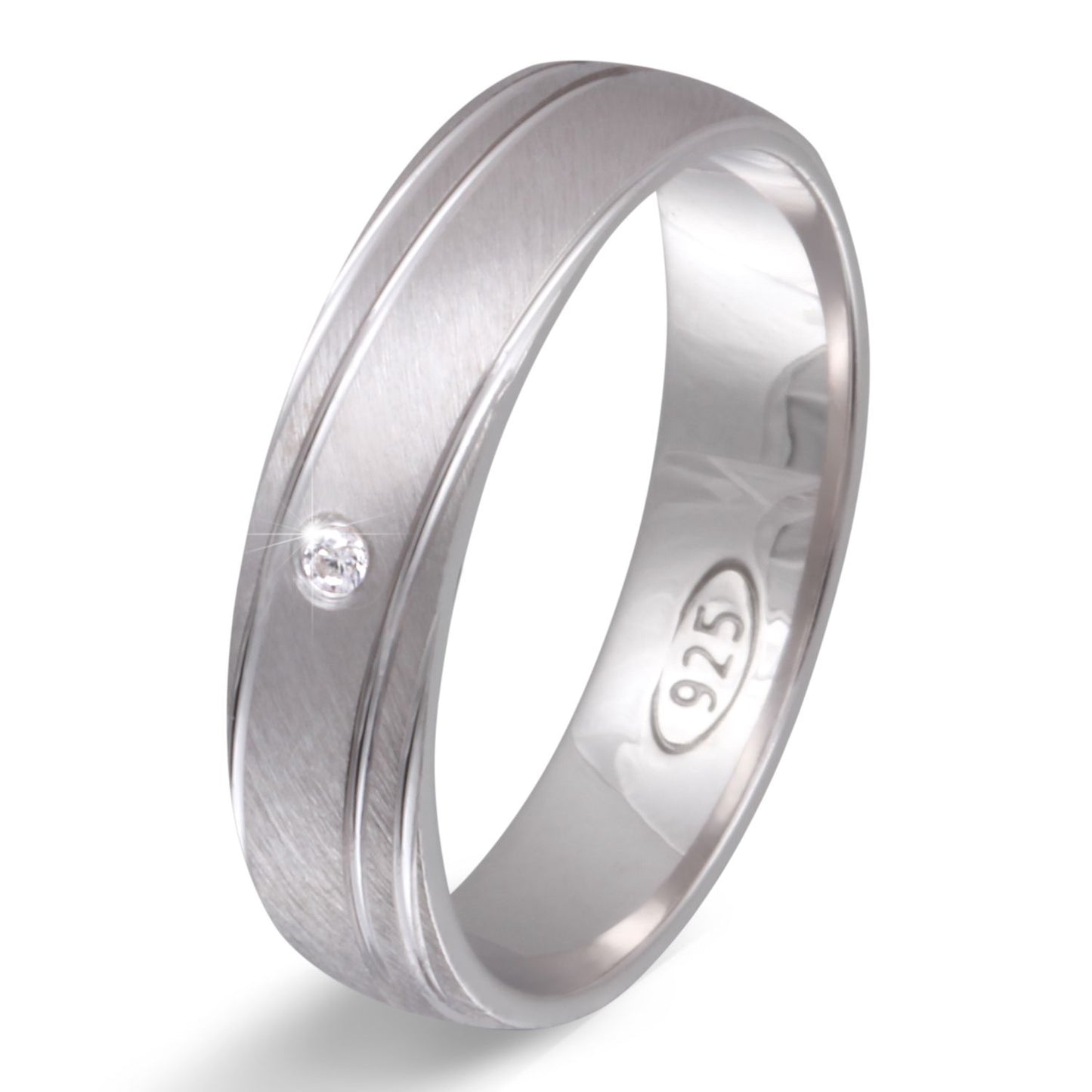 Damenring Noelia aus 925er Silber mit gebürsteter Oberfläche, abgerundeter Form und kleinem Stein.