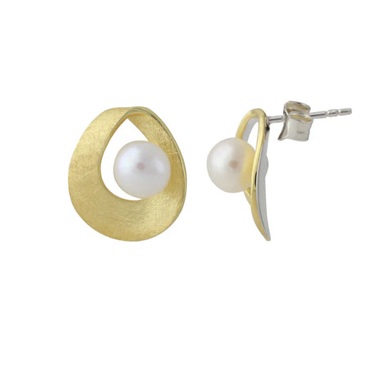 Ohrstecker aus 925er Silber, 18k Gelbgold, Süßwasserperle Ø6 mm, Twist round, handgefertigt