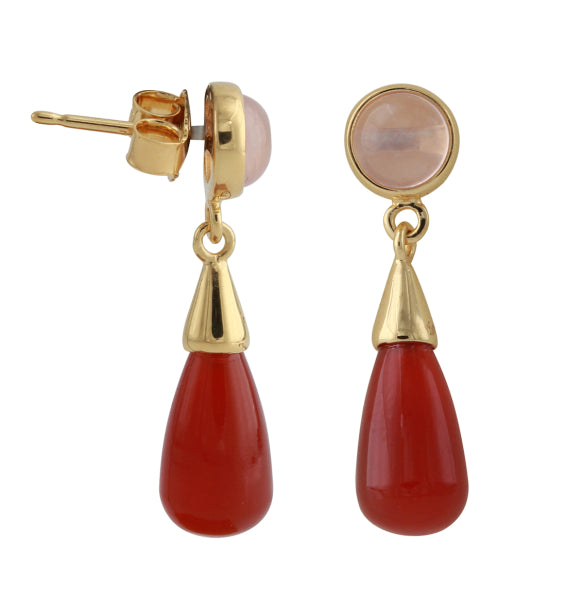 Silberohrstecker mit Rosenquarz, Onyx Rot, 18ct vergoldet - Perla d'Oro