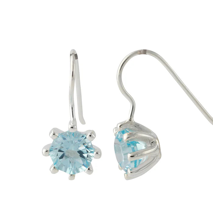 Silberohrstecker mit Topas (8 mm), runder blauer Topas in 6-Krappenfassung, 925er Sterling Silber, Hakenverschluss.