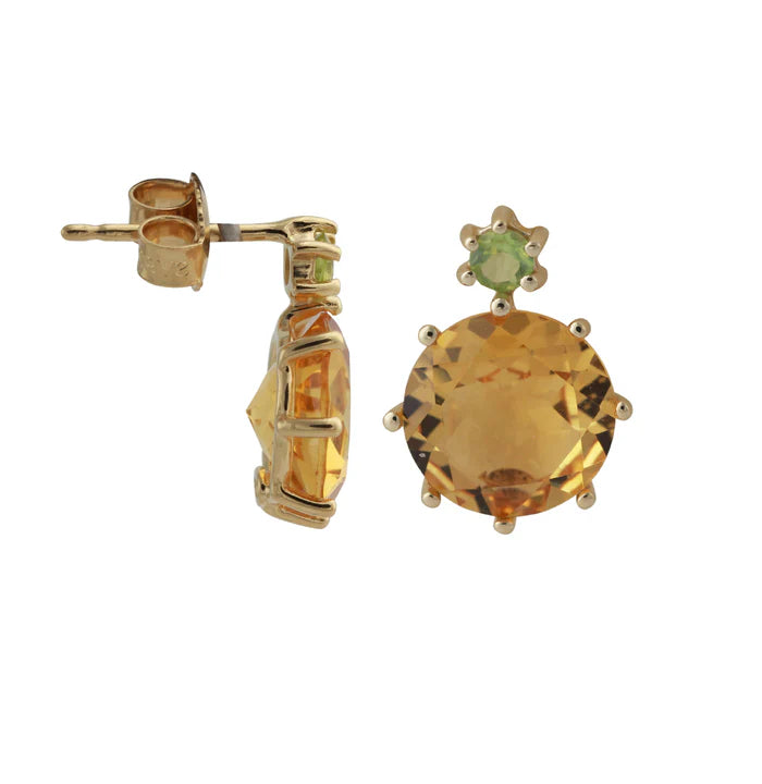 Silberohrstecker mit Citrin und Peridot, 18ct vergoldet – runde Citrinfassungen mit Peridotakzent