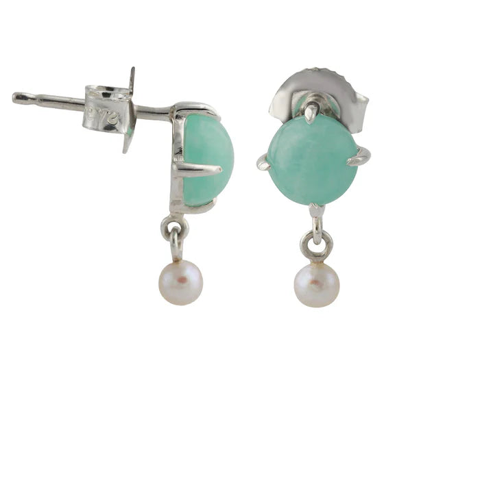 Ohrstecker-Set aus Amazonit und Süßwasserperlen in Silber 925; grüne Steine mit Perlenanhängern