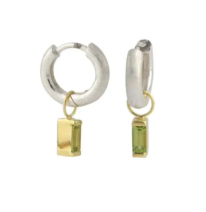 Creolen mit Peridot, 18ct vergoldet, Bicolor-Design, Peridot im Baguette-Schliff (6x3 mm)