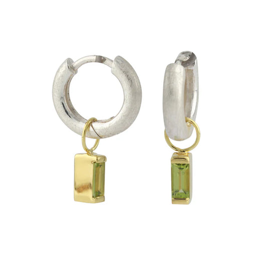 Creolen mit Peridot, 18ct vergoldet, Bicolor-Design, Peridot im Baguette-Schliff (6x3 mm)