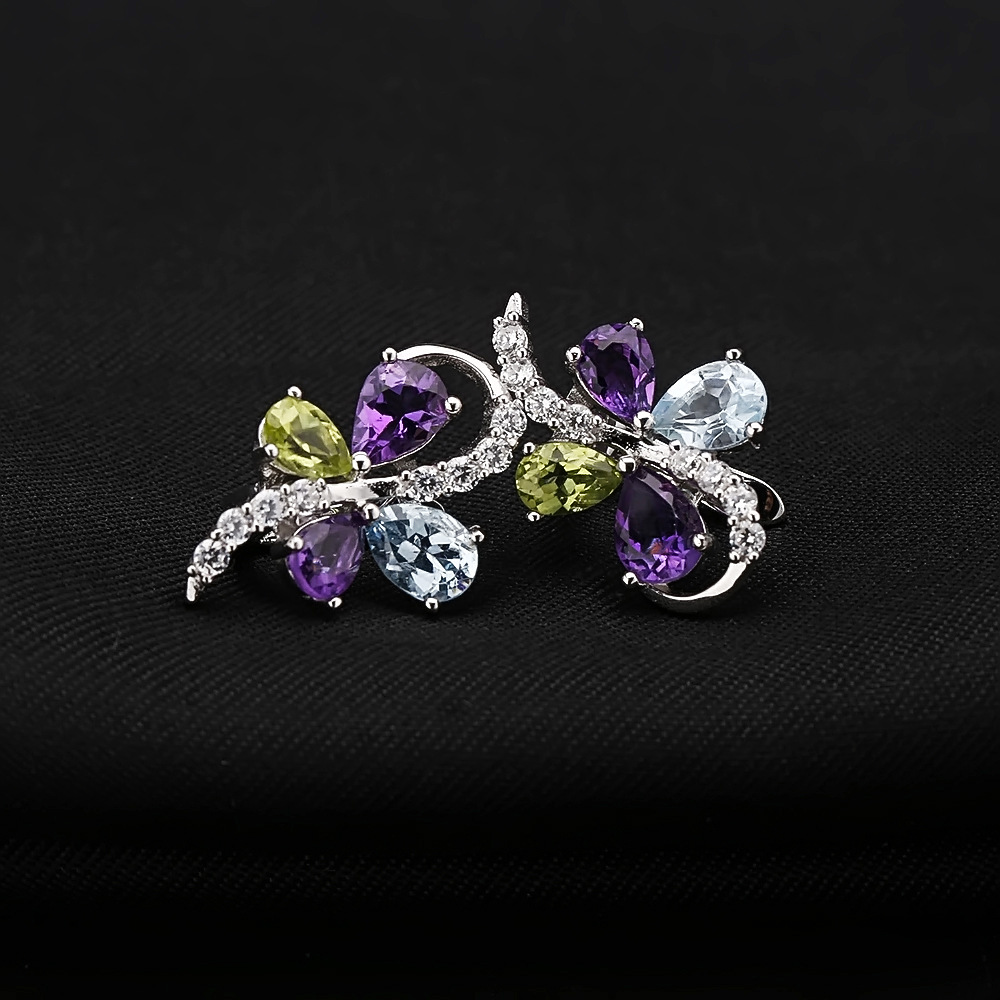 Edelstein Ohrringe in Schmetterlings-form aus Silber mit Topas, Peridot, Amethyst und Diamanten - Perla d'Oro #