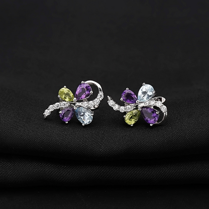 Edelstein Ohrringe in Schmetterlings-form aus Silber mit Topas, Peridot, Amethyst und Diamanten - Perla d'Oro #