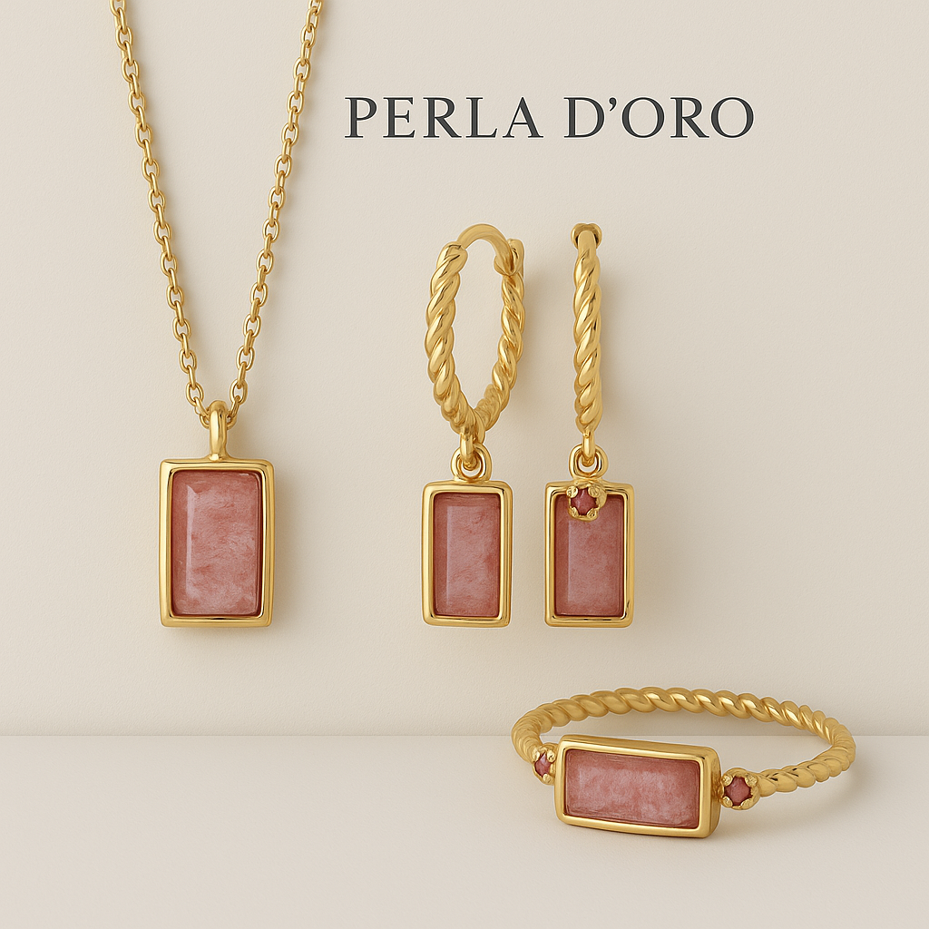 Schmuck-Set Erdbeerquarz & Rubin Gold: Halskette, Ohrringe & Ring mit Erdbeerquarz in 18ct-Goldfassungen