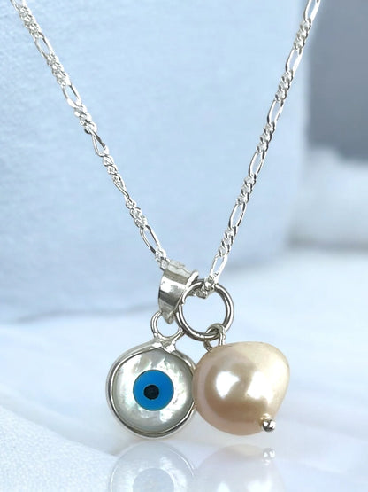MadamLili Silberkette mit Nazar Auge und Süßwasserperle-Anhänger – elegante 925er Silberkette mit Doppelanhänger