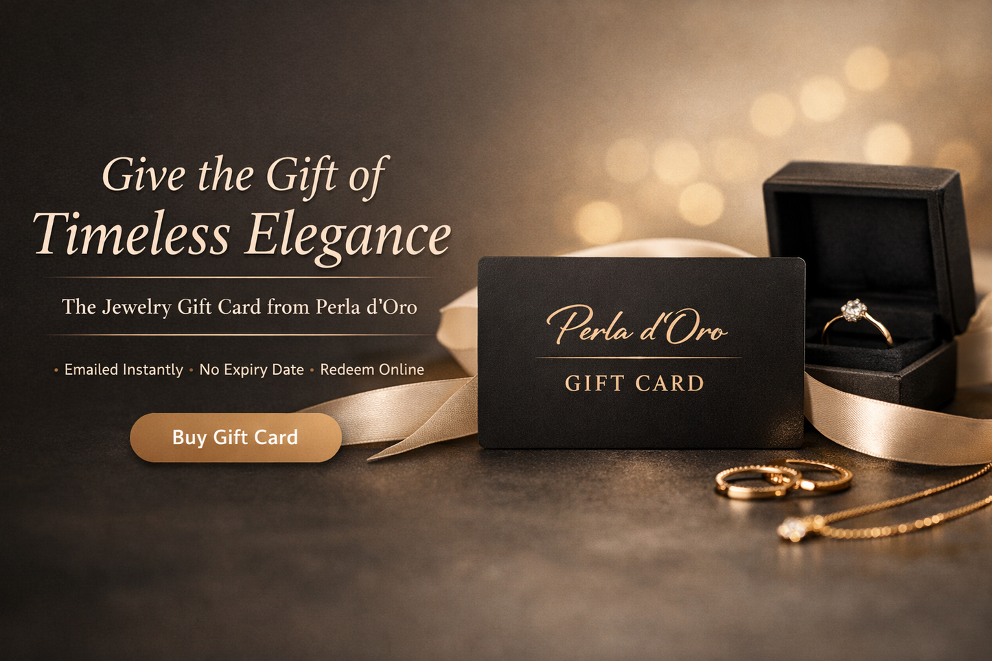 Geschenkgutschein Perla d’Oro vor Schmuckbox – elegante Geschenkidee, hochwertiger Schmuck aus Europa.